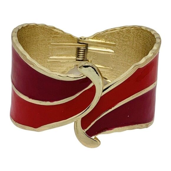 Jewelry - Vintage Pink Red Enamel Gold Tone Swirl Retro Clamper Bangle Bracelet Sz 6.5
